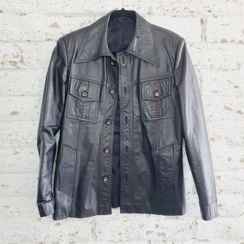 Vintage Womens Mens Black Leather Jacket Long Sleeve Shirt Biker Casaul SZ M - Picture 1 of 13
